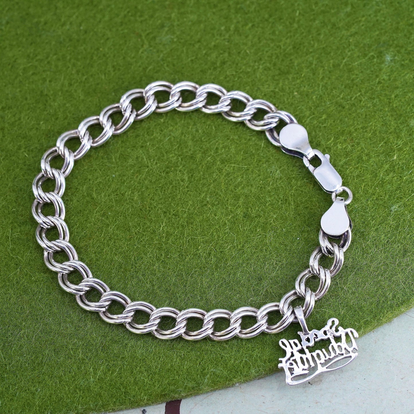 6.5”, sterling silver bracelet, 925 curb chain Soccer American flag charms