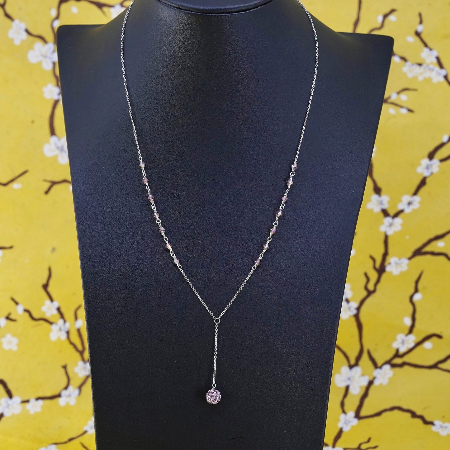 16+2" Sterling silver necklace, 925 circle chain with pink crystal bead pendant