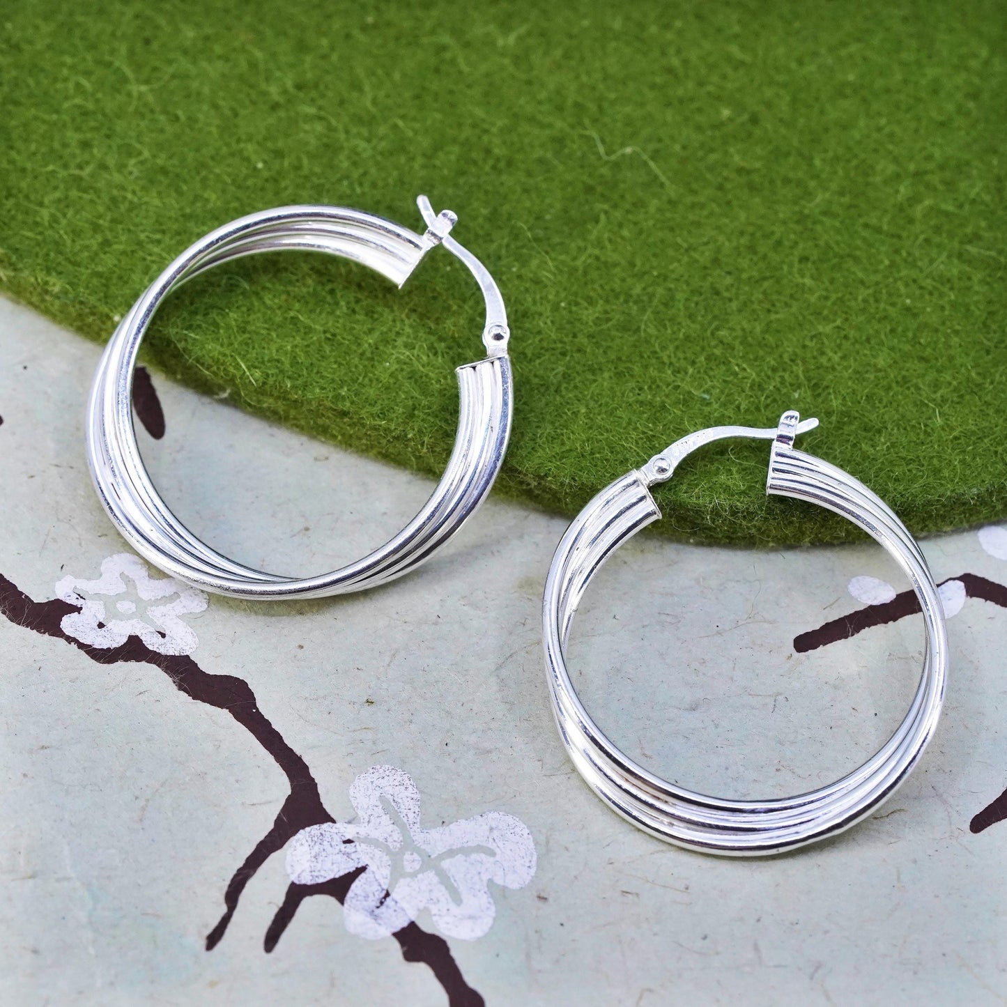 1.25", Vintage sterling silver loop earrings, twisted primitive hoops