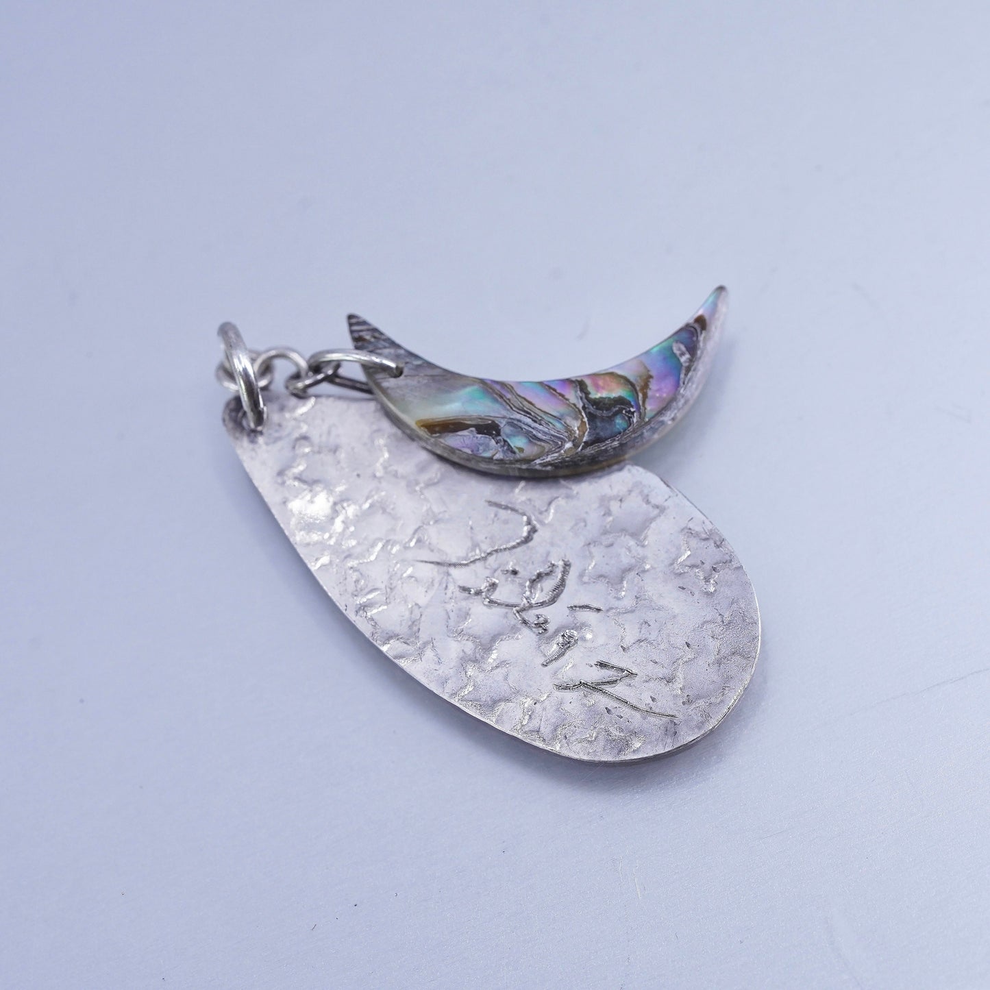 vintage Sterling silver 925 teardrop charm pendant embossed stars abalone moon