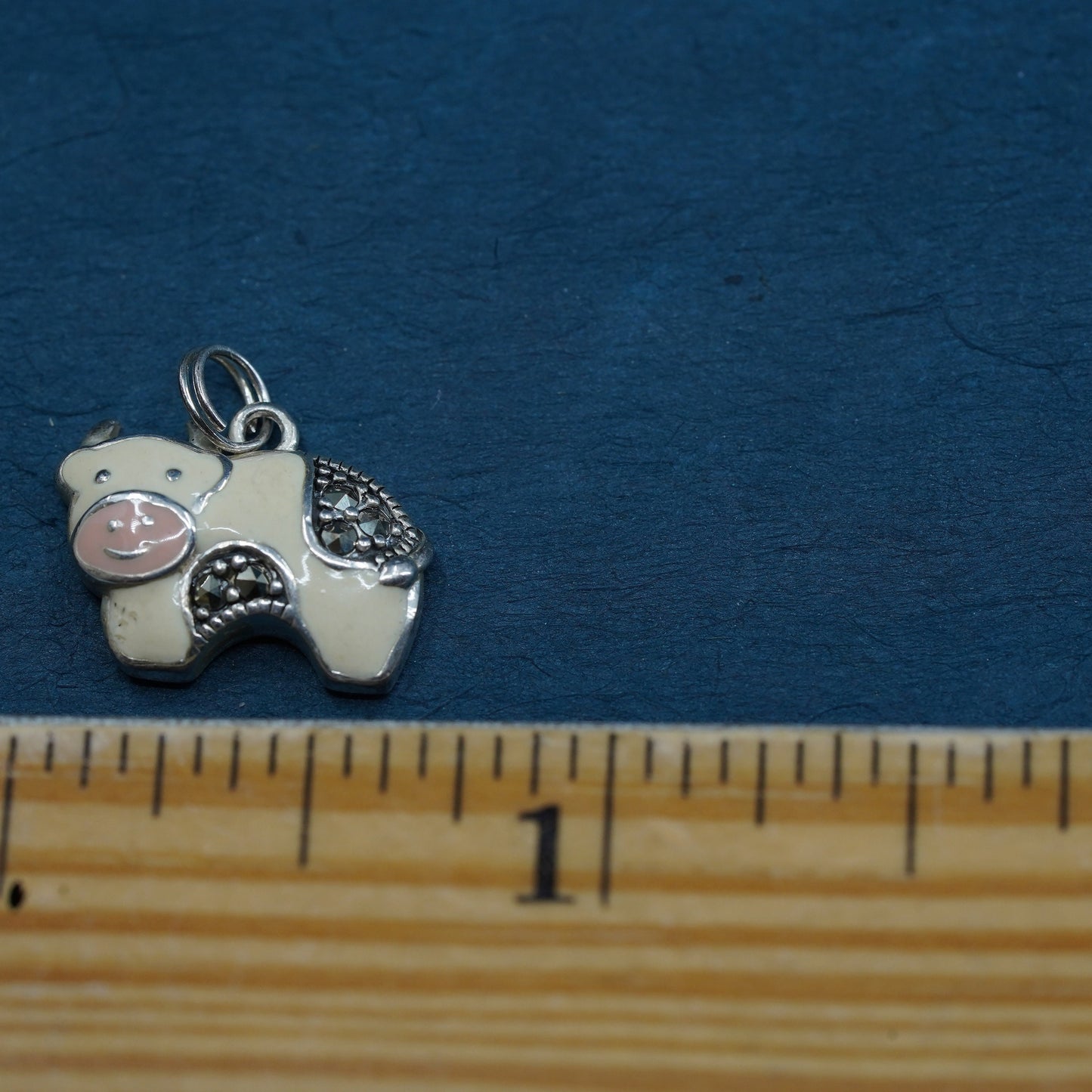 Vintage Sterling 925 silver handmade pendant, enamel cow charm