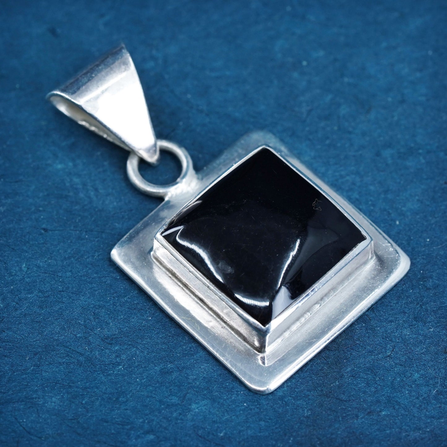 Vintage Sterling 925 silver handmade square pendant with onyx