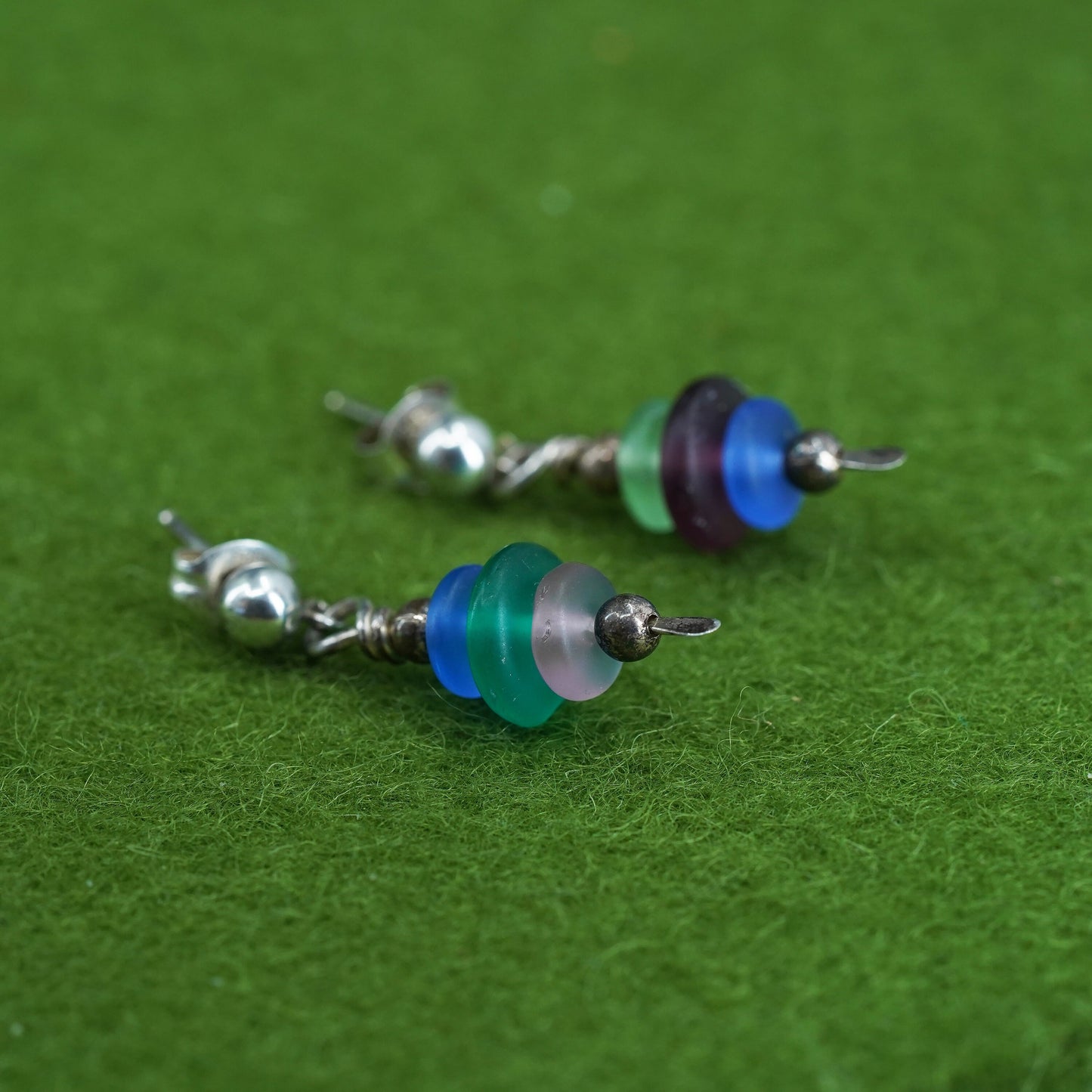 Sterling 925 silver handmade earrings with colorful sea washed glass dangles