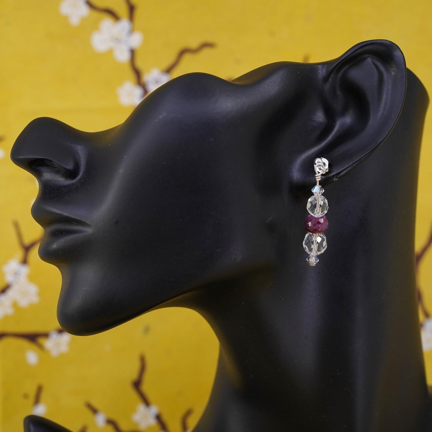 Vintage Sterling 925 silver handmade earrings with ruby and crystal beads