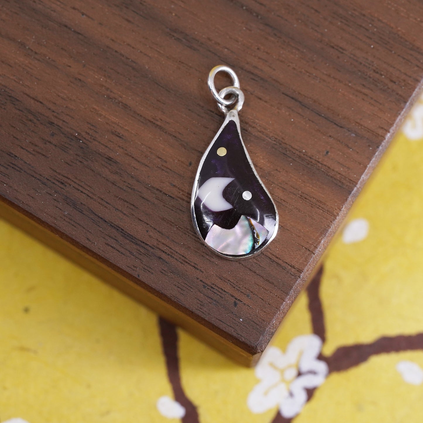 Vintage southwestern Sterling silver handmade charm, 925 teardrop pendant moon