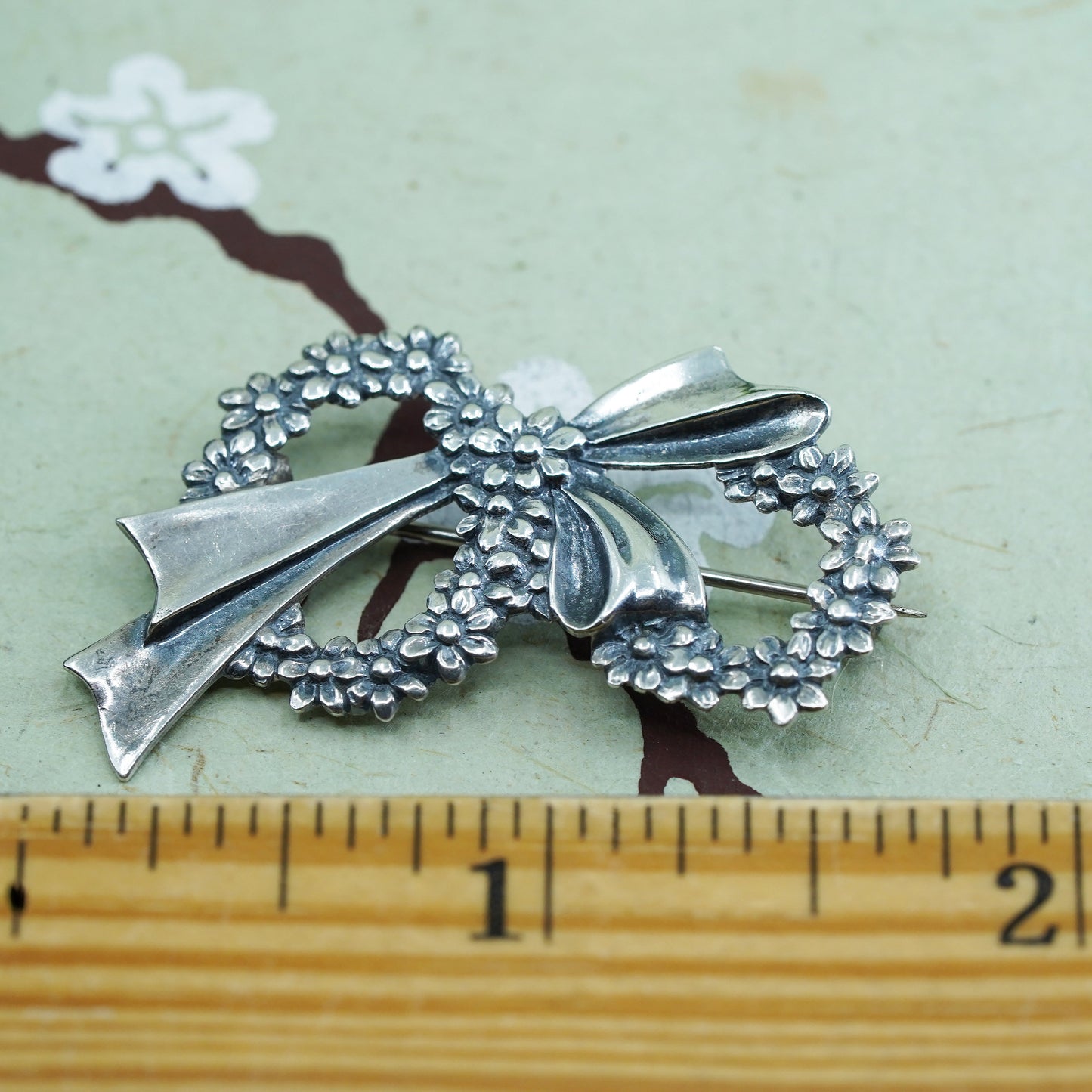 Vintage sterling silver handmade brooch, 925 ribbon bow with floral textured