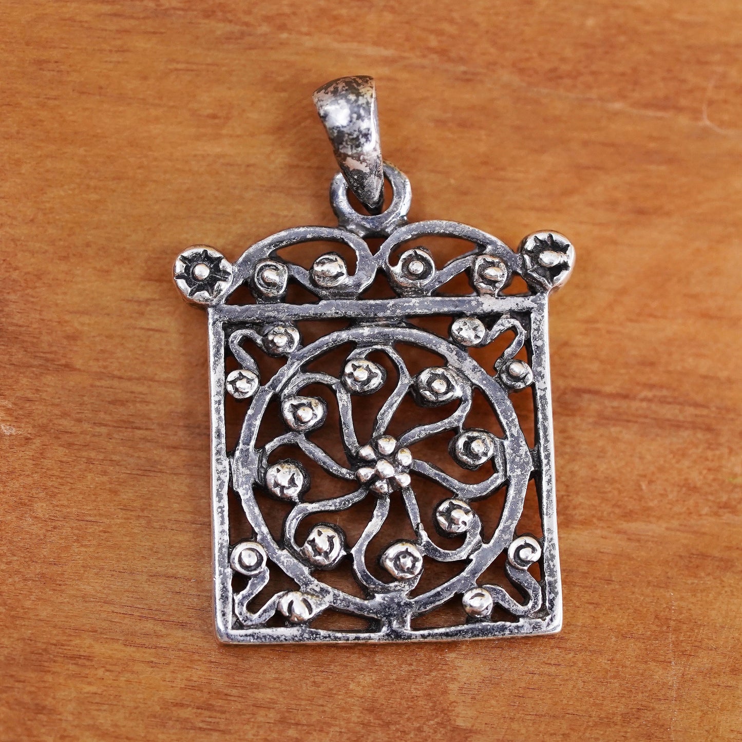 Vintage Sterling 925 silver handmade pendant, filigree square pendant