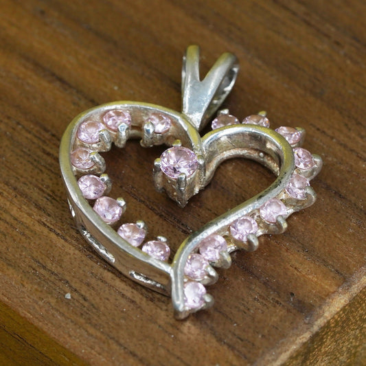 Vintage Sterling silver pendant, 925 heart pendant with pink crystal around