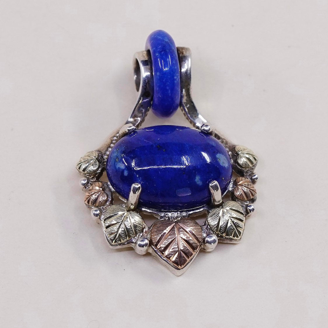 VTG 12K leaves W sterling silver handmade pendant, 925 with Lapis Lazuli N