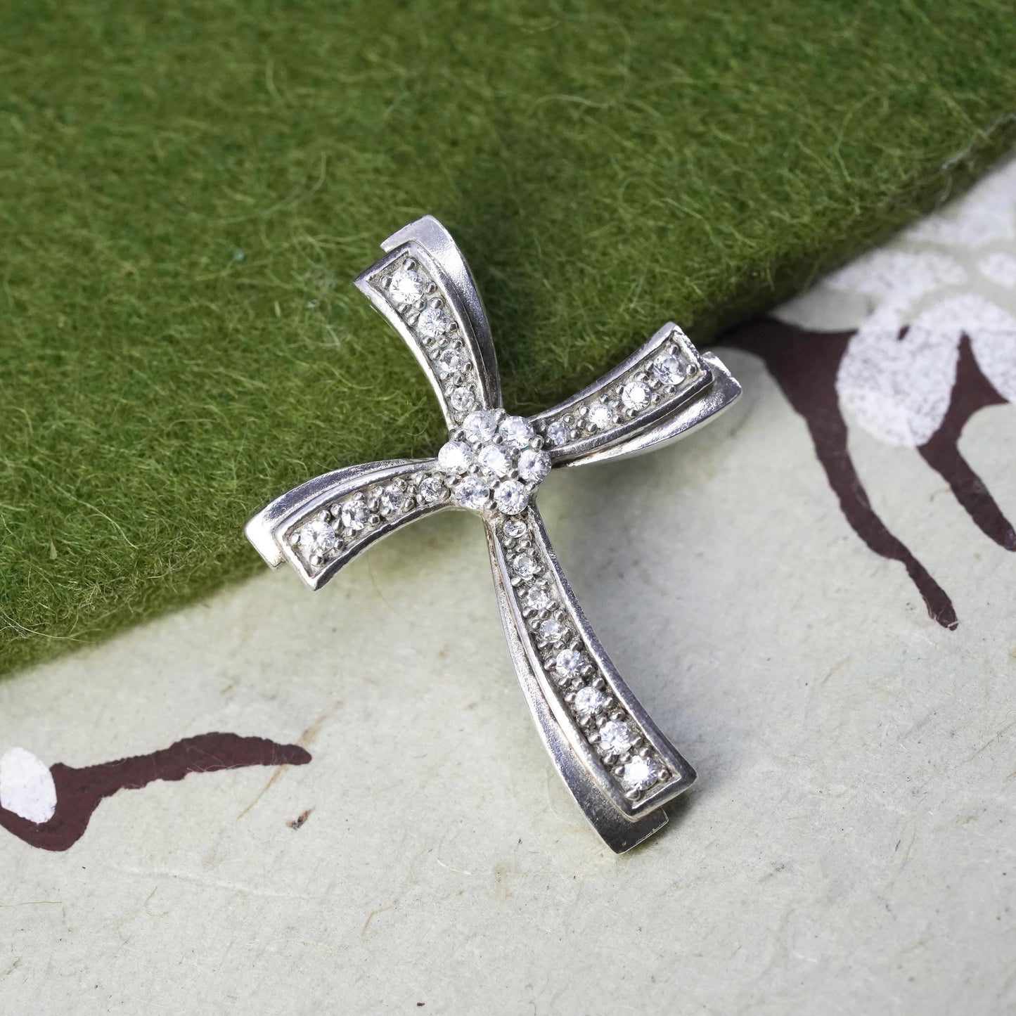 Vintage sterling silver pendant, 925 cross handmade pendant with Cz