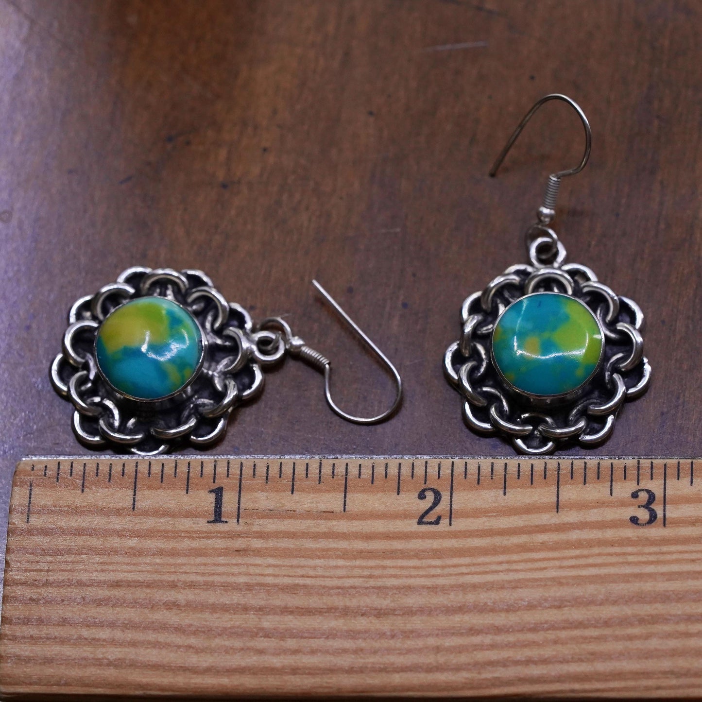 Vintage mexico Sterling silver earrings, 925 floral dangle with calsilica