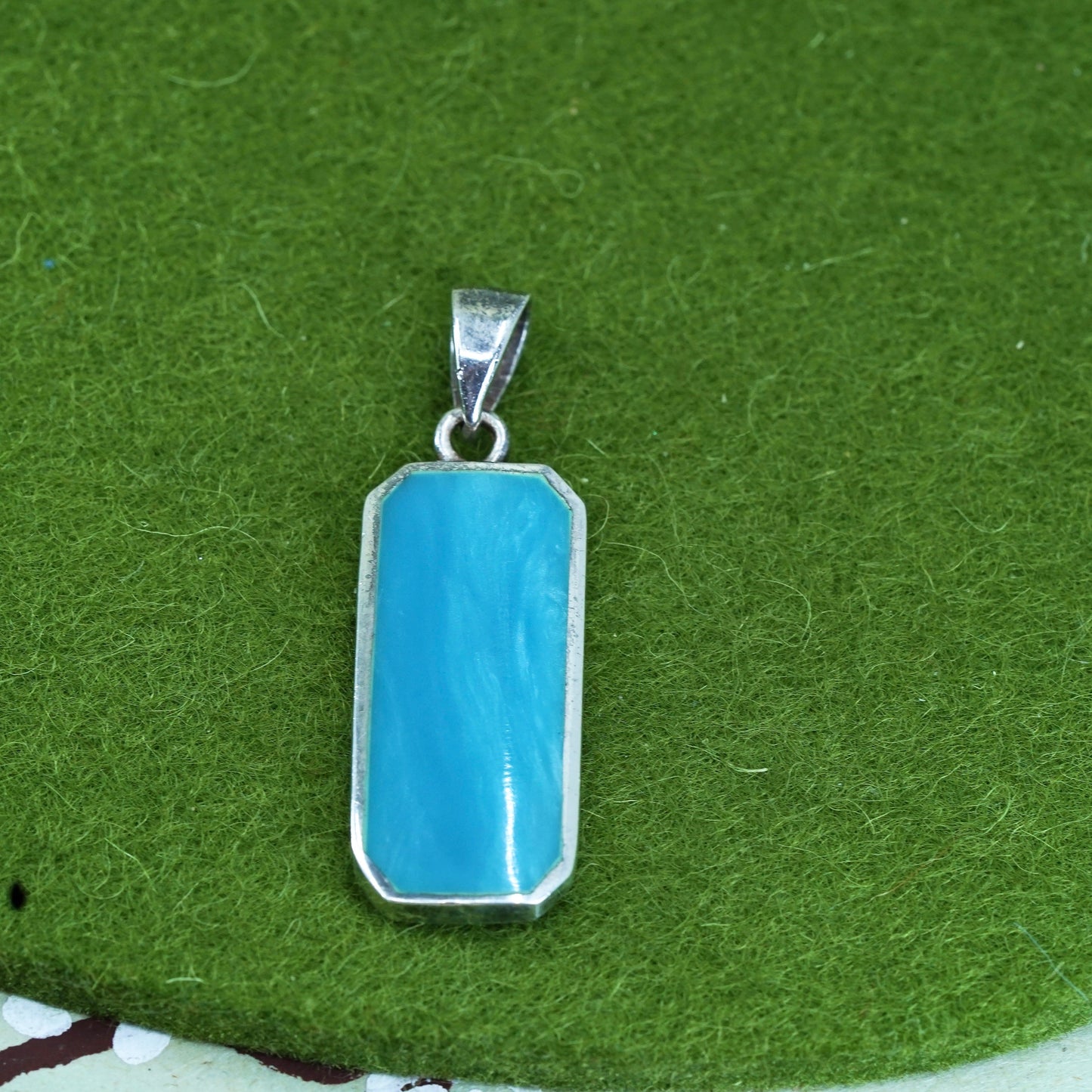 Vintage sterling silver handmade pendant, 925 rectangular charm w/ blue enamel