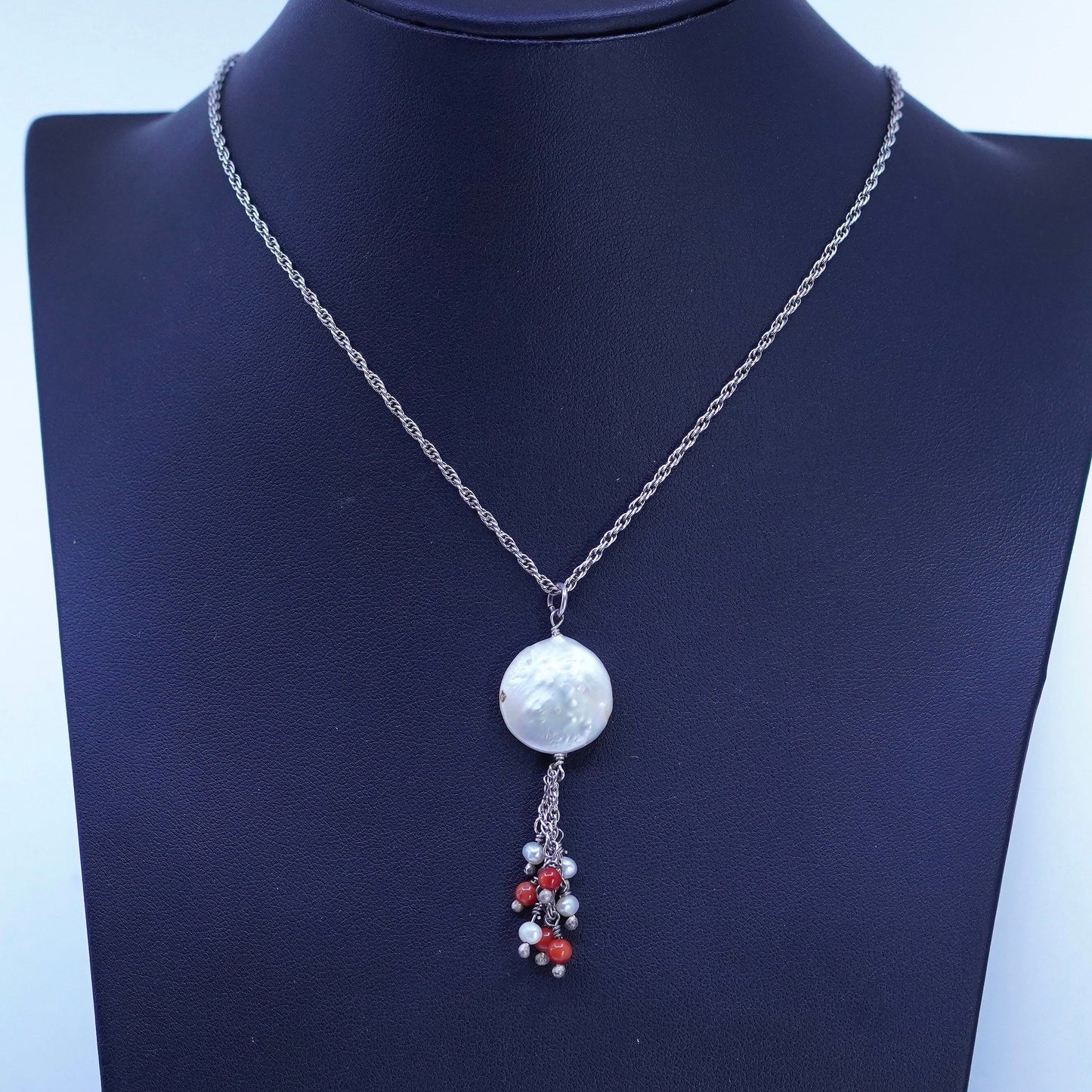 16+2”, Sterling 925 silver rope chain necklace coin pearl pendant coral beads