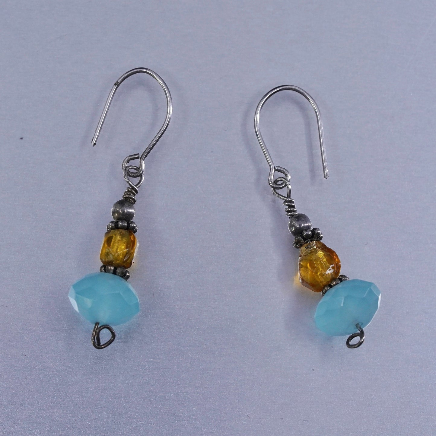 Vintage Sterling 925 silver handmade earrings with citrine chalcedony beads