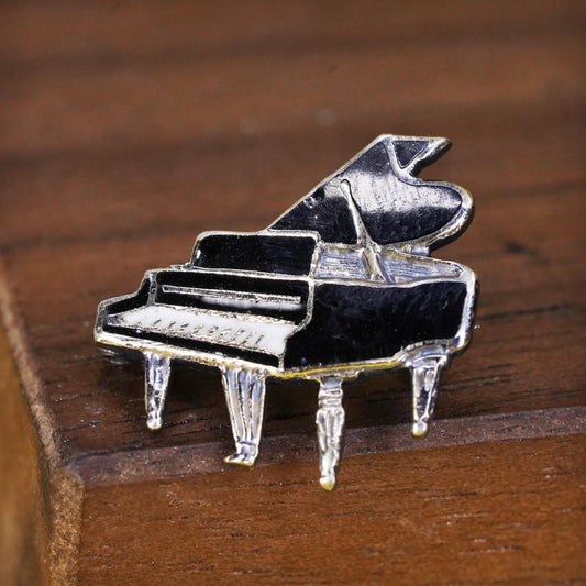 Vintage antique southwestern handmade sterling silver black enamel piano brooch