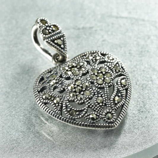 Vintage sterling 925 silver heart pendant with marcasite