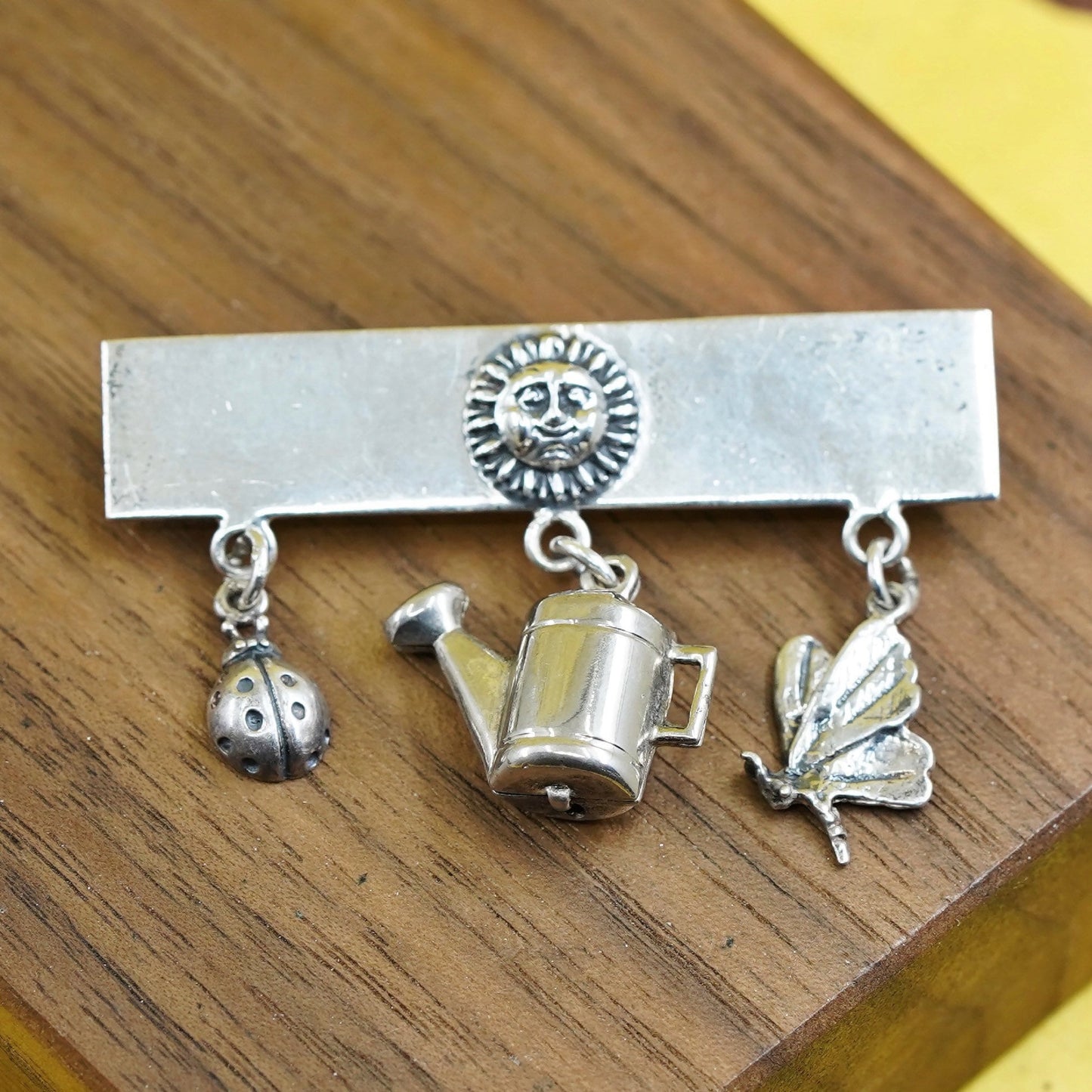 vtg sterling silver 925 Sun brooch with lady bug watering can butterfly charms