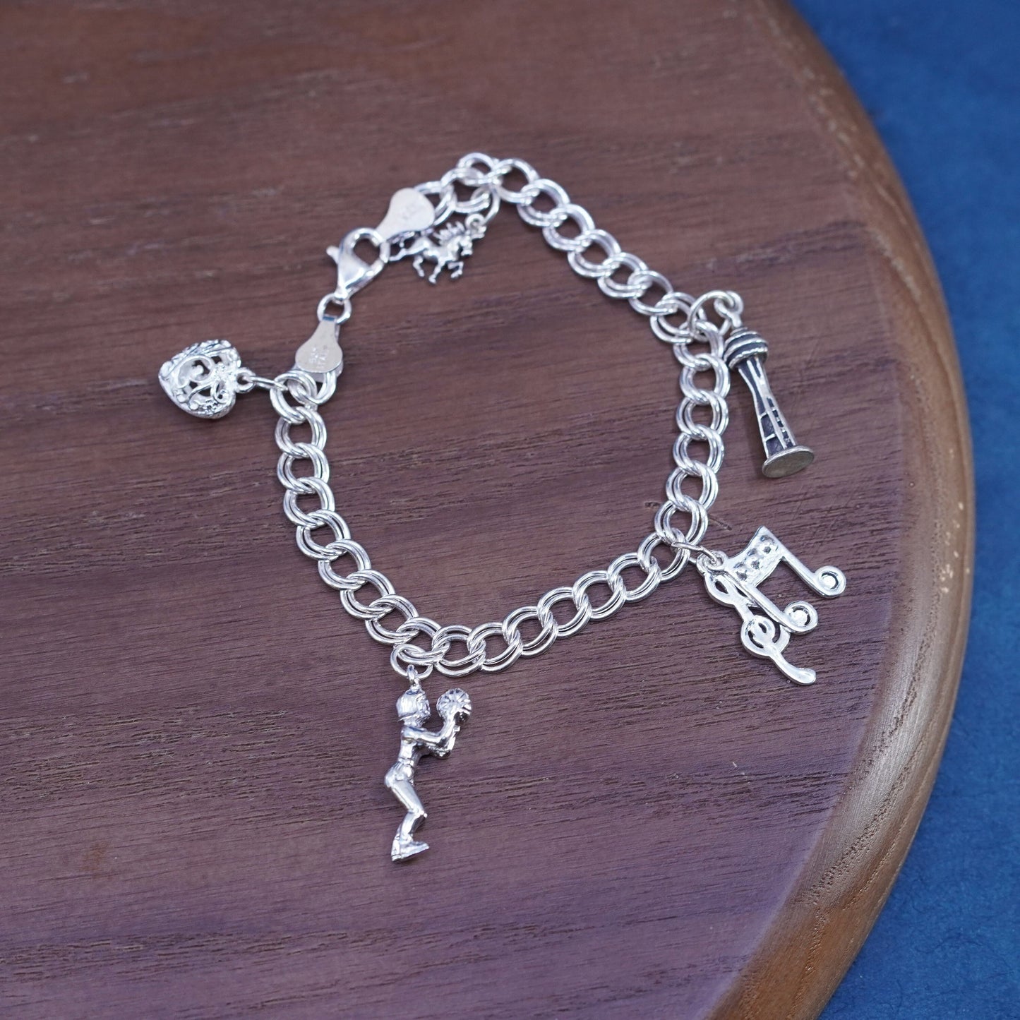 6.5”, Sterling silver 925 handmade bracelet, heart, Basketball player charms,