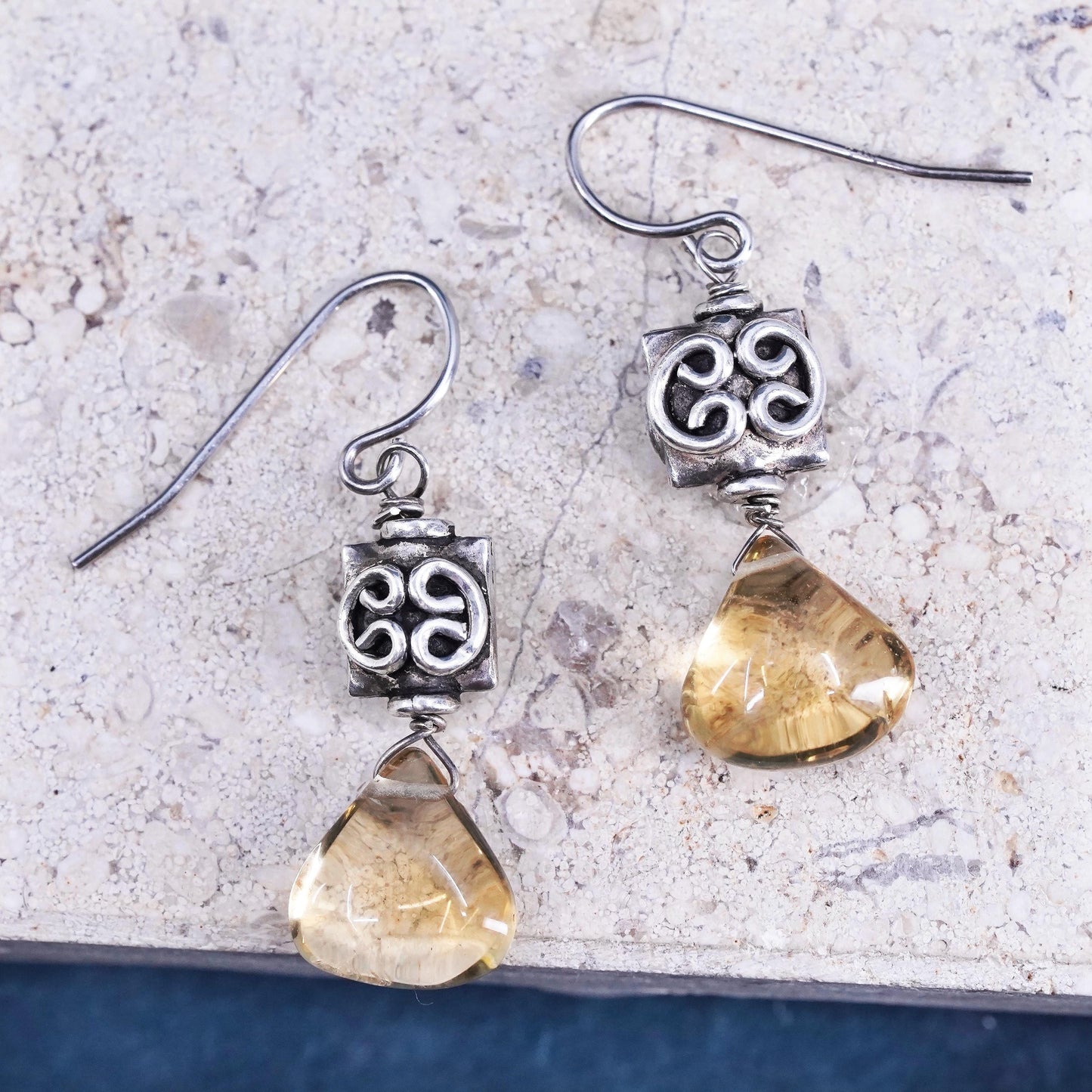 Vintage Sterling 925 silver handmade filigree earrings with teardrop citrine