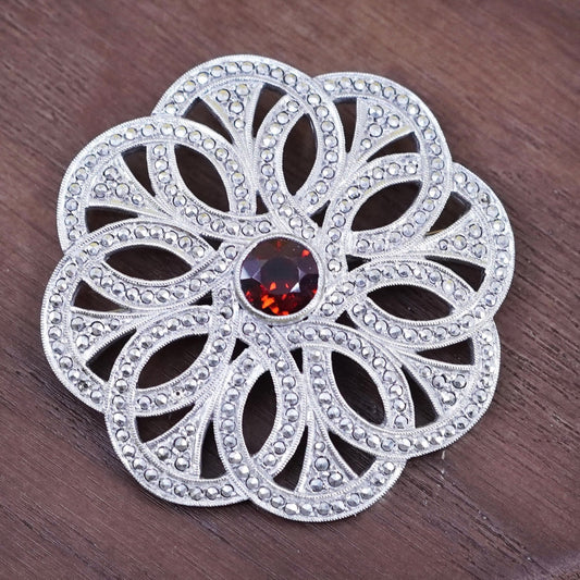 Vintage handmade sterling silver brooch, 925 pin with cz and ruby, antique