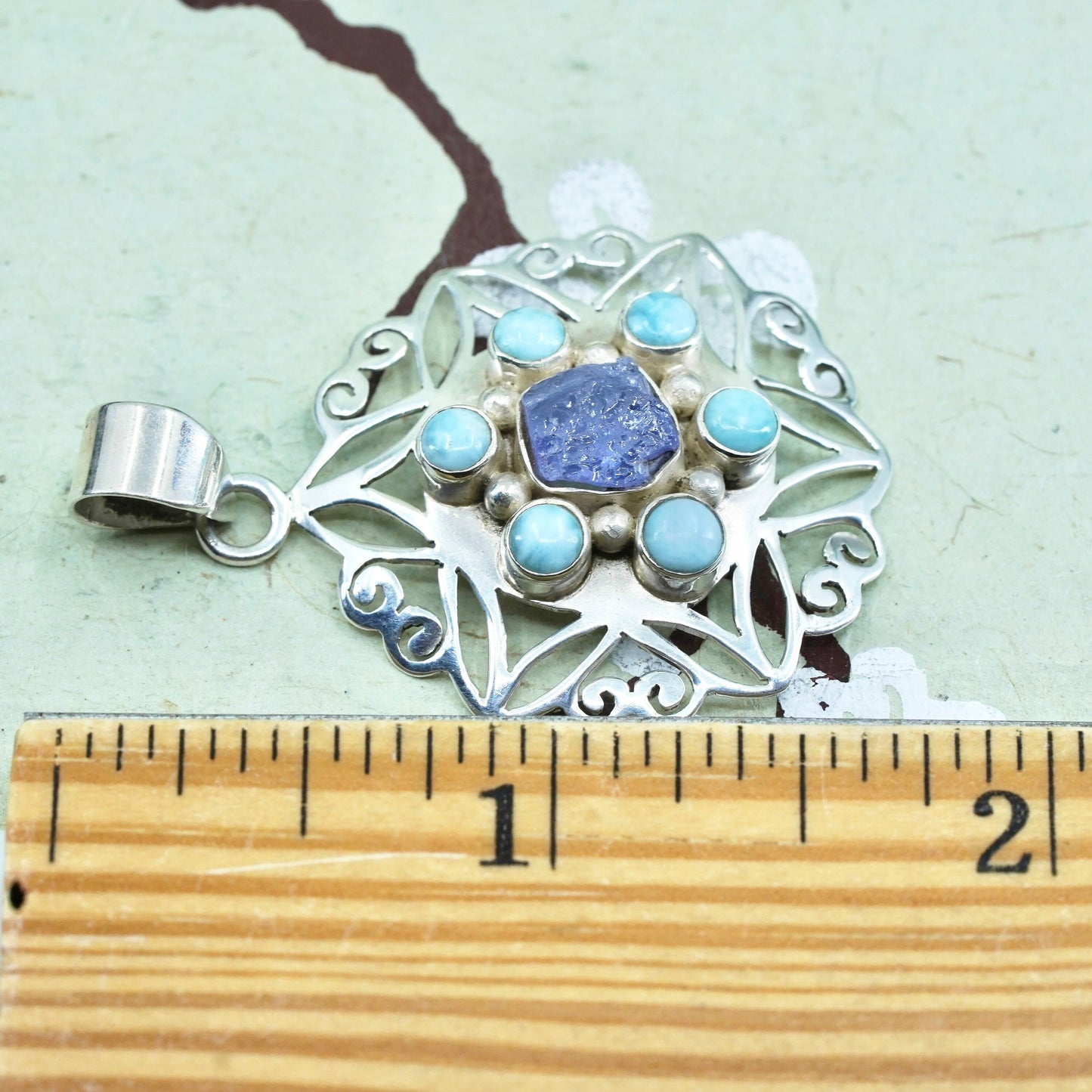 sterling silver handmade snowflake pendant, with blue druzy stone and Larimar