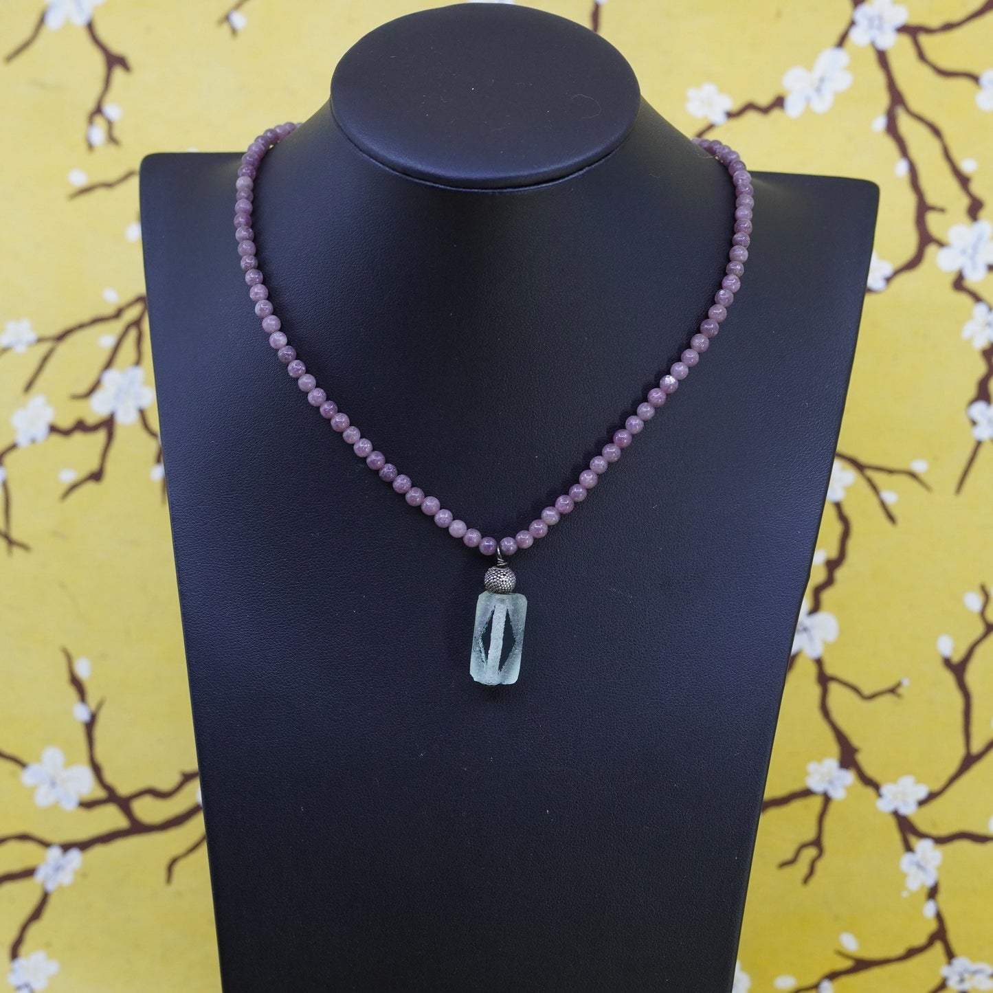 16”, sterling silver handmade necklace with amethyst beads and glass pendant