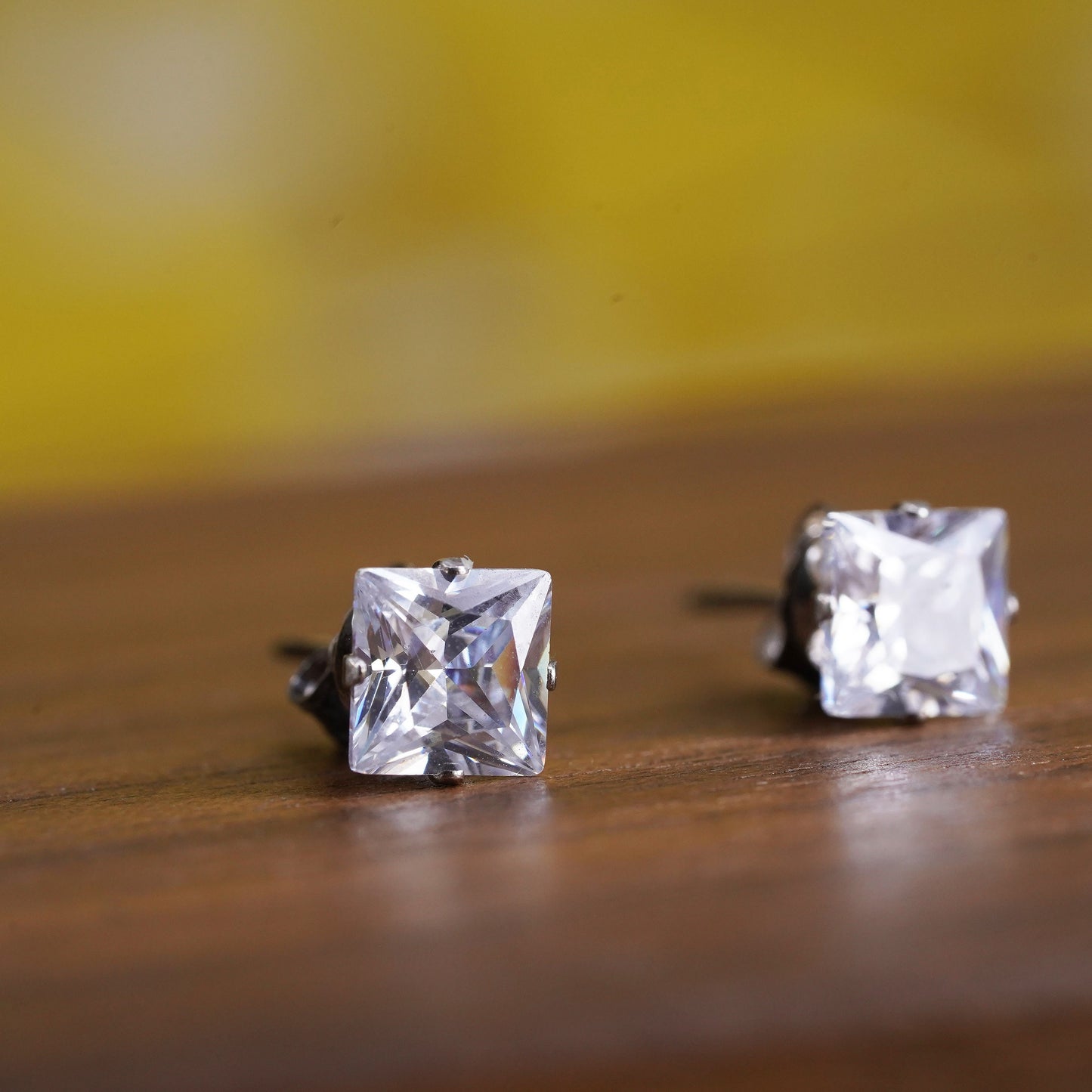 4mm, Vintage Sterling 925 silver clear cz studs, square earrings