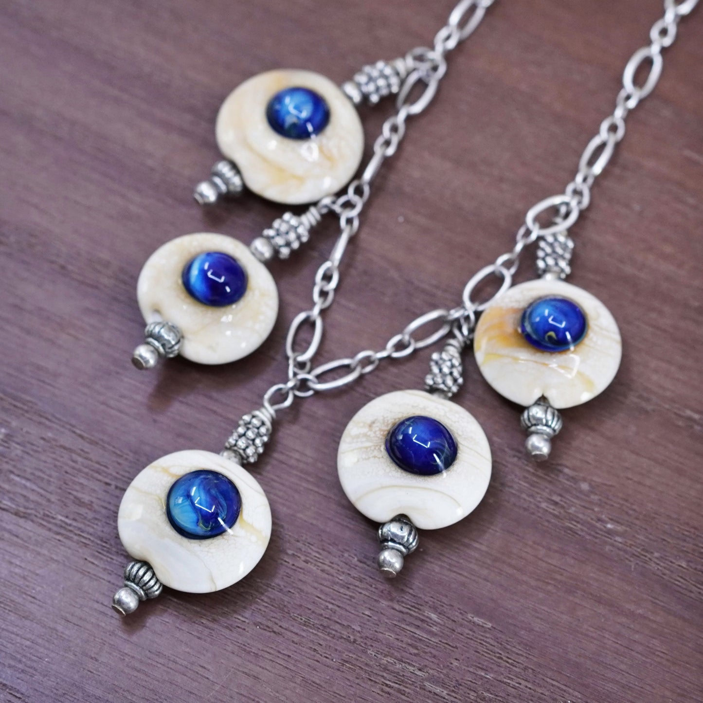 18”, sterling 925 Silver elongated chain necklace with shell evil eye pendants