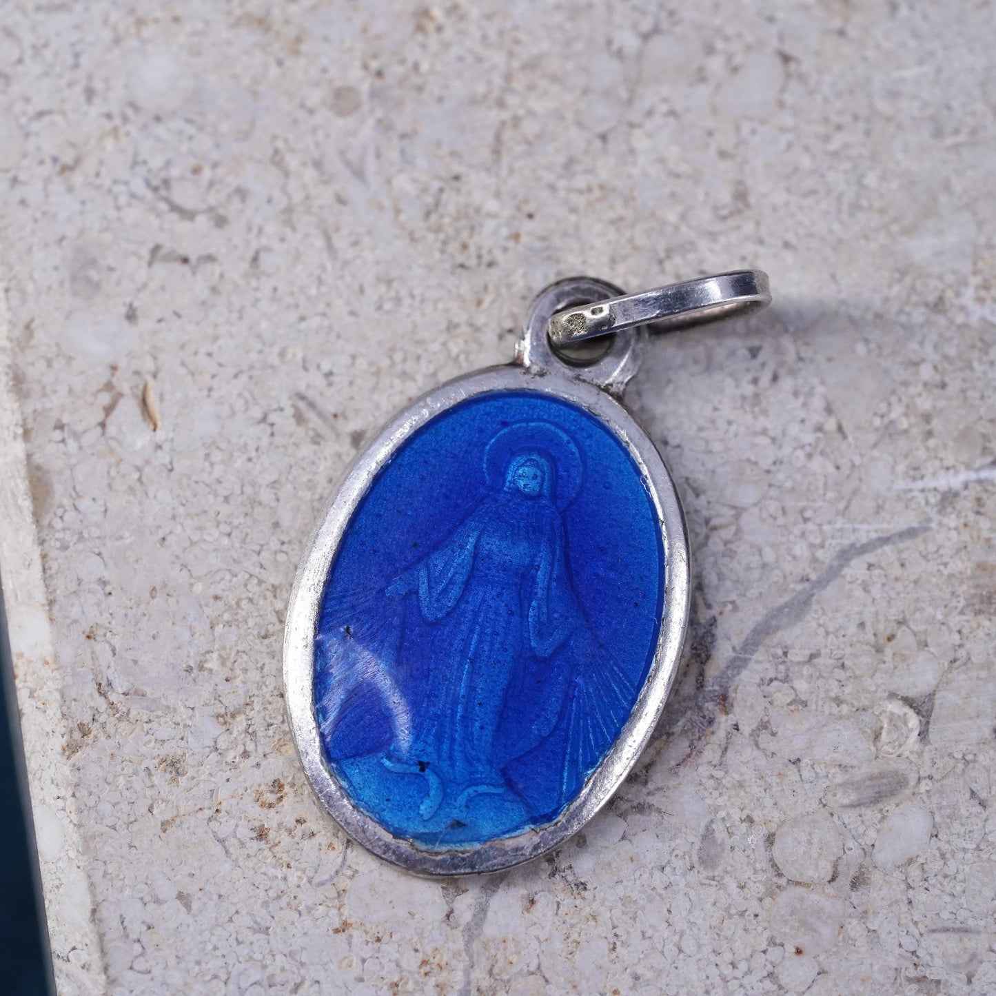 Vintage sterling silver Virgin Mary pendant, 925 double sided enamel tag charm