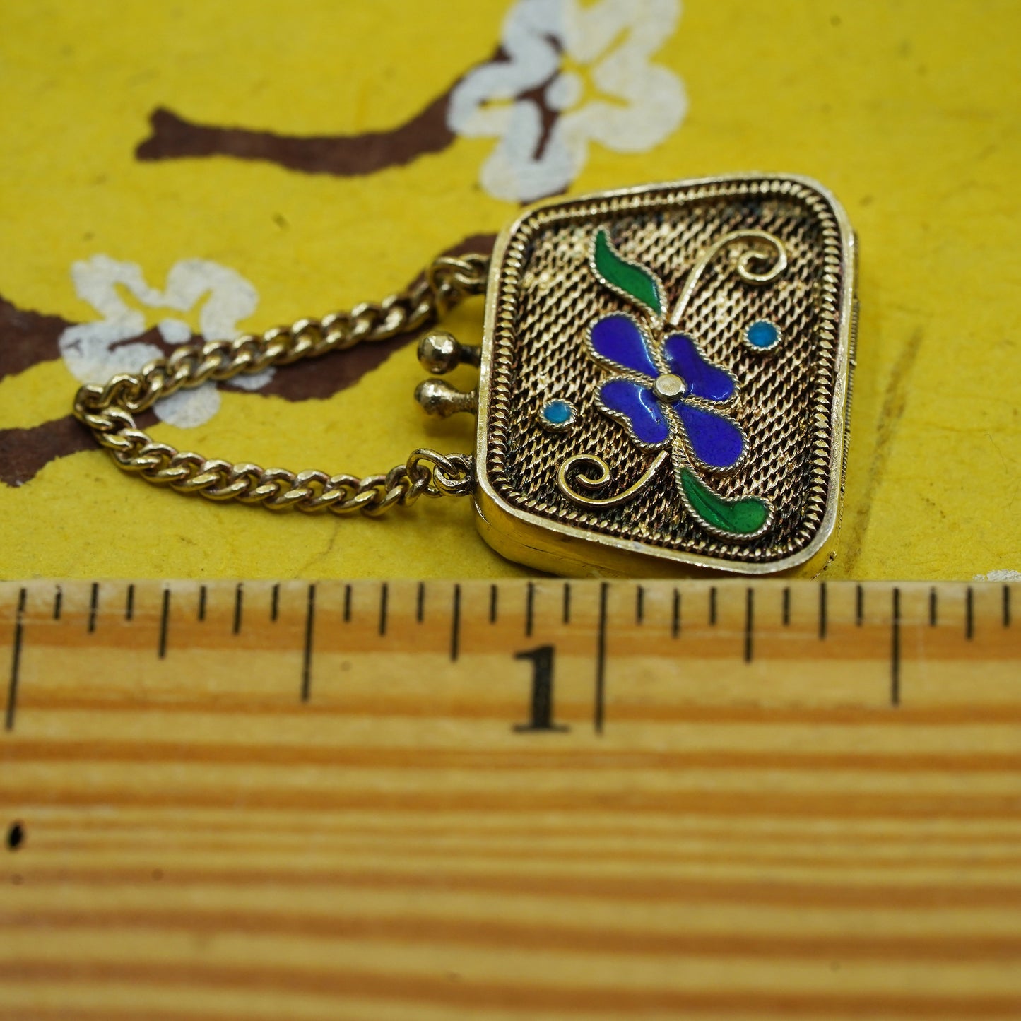 vermeil gold over Sterling 925 silver filigree handbag pendant enamel flower