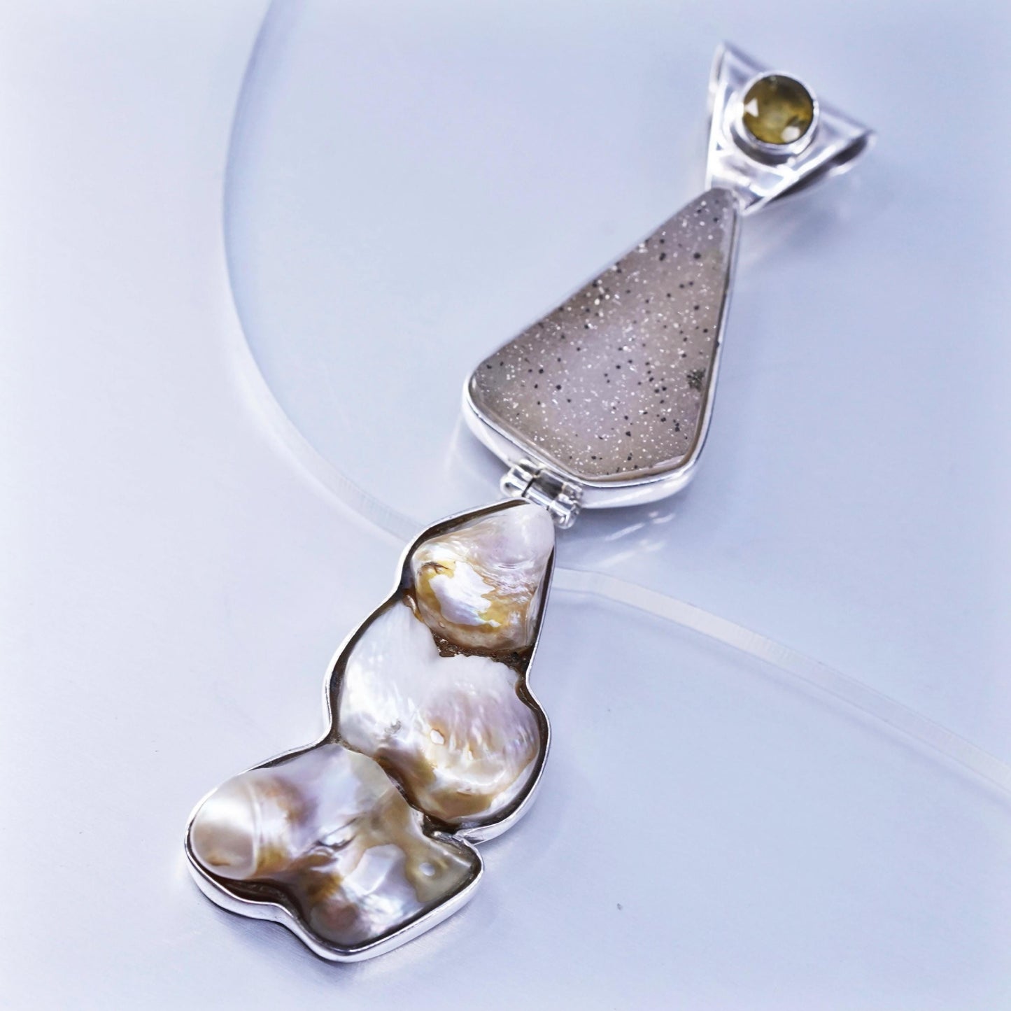 Native American KC sterling 925 silver pendant with druzy stone baroque pearls