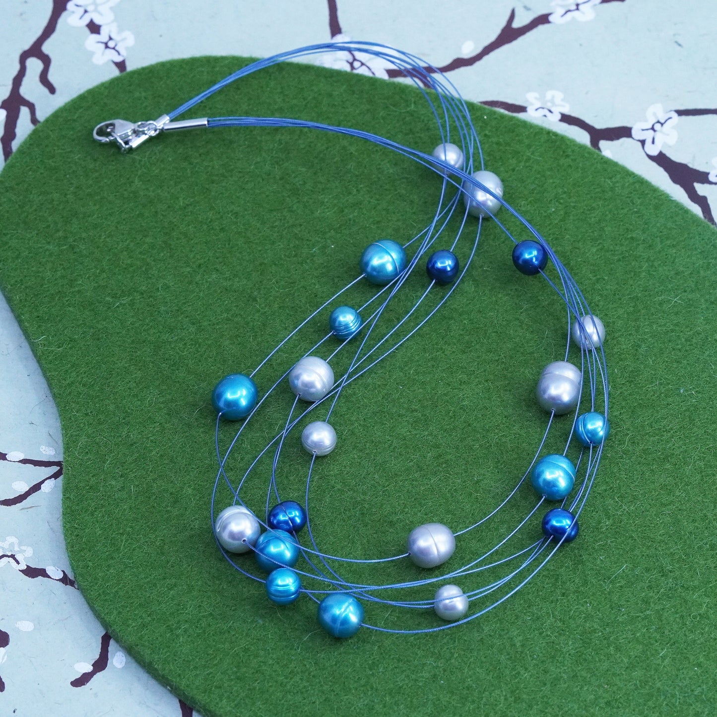 18”, Sterling 925 silver multi strands necklace with cluster blue pearl beads