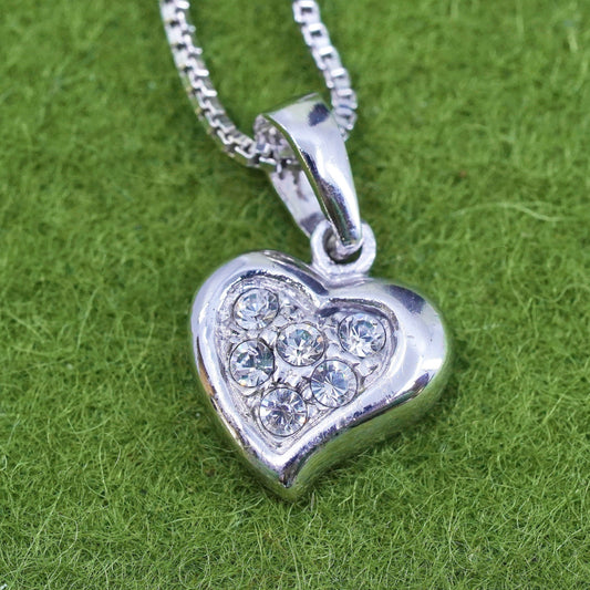 16”, Vintage sterling silver box chain necklace with cluster Cz heart pendant