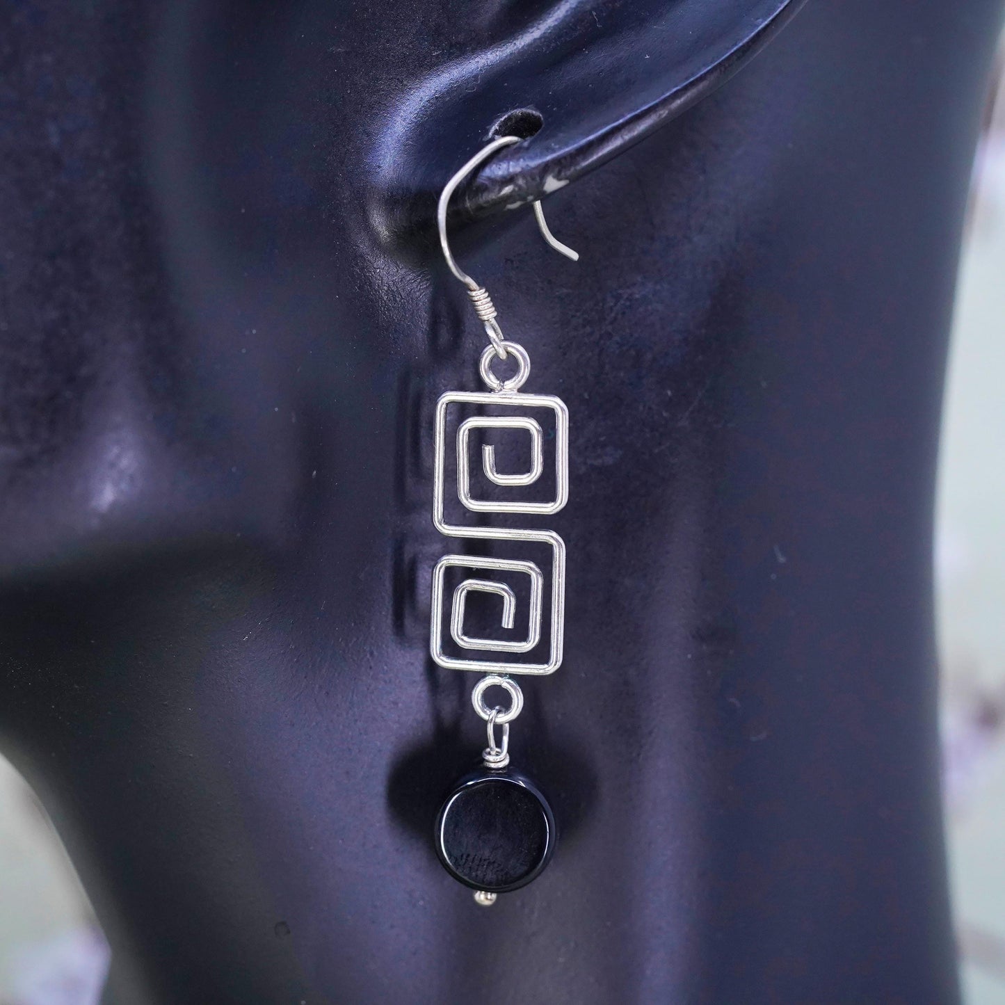 Vintage Sterling silver handmade earrings, 925 Greek key dangle with onyx