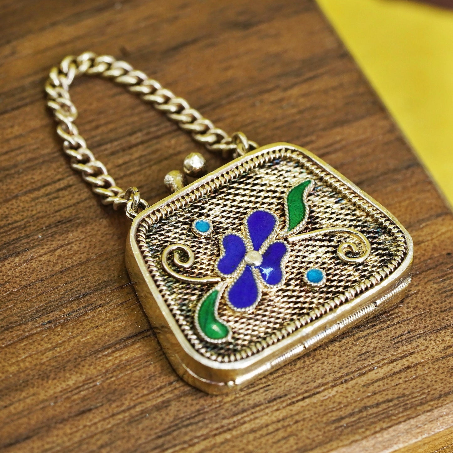 vermeil gold over Sterling 925 silver filigree handbag pendant enamel flower