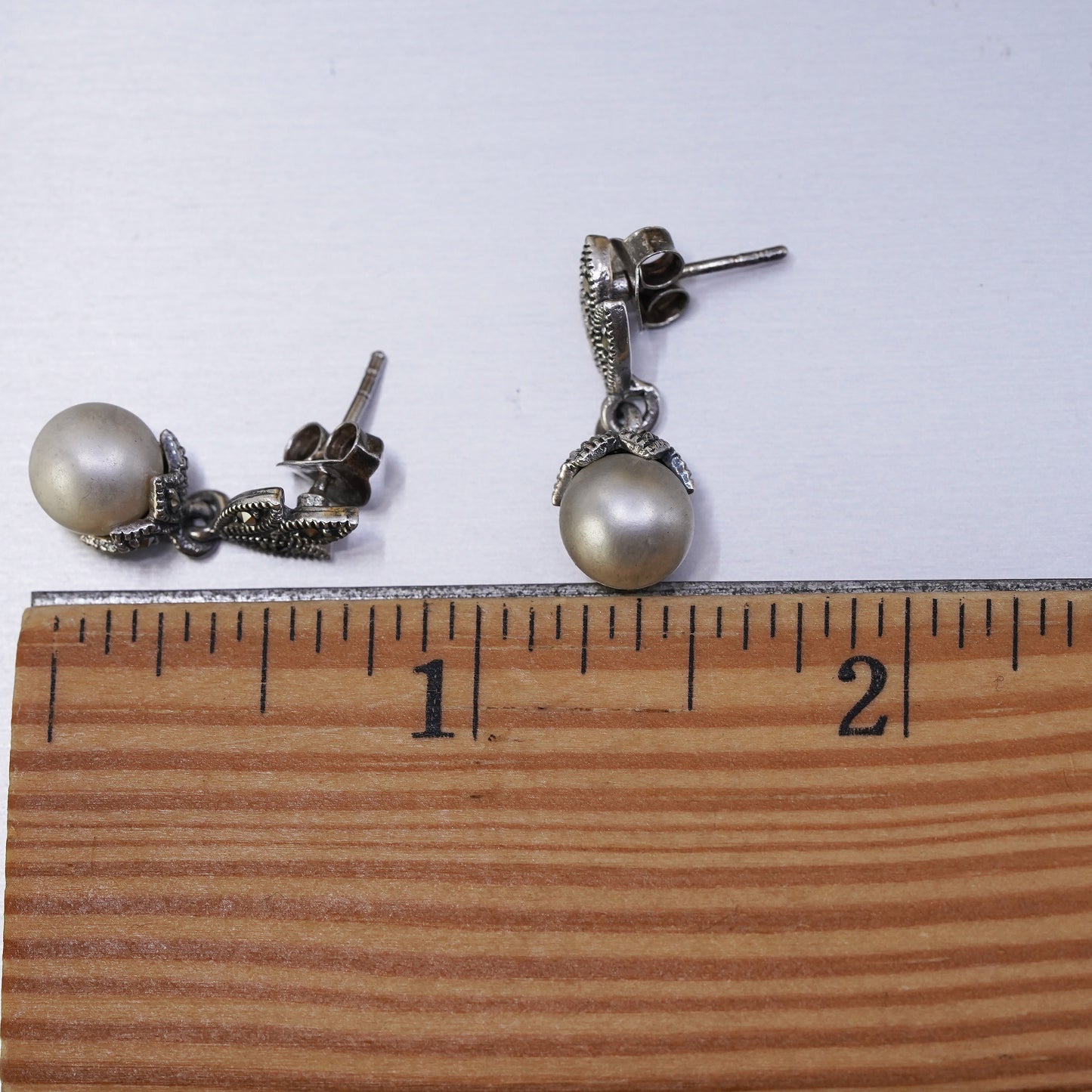 Vintage Sterling 925 silver handmade leafy earrings with pearl and marcasite