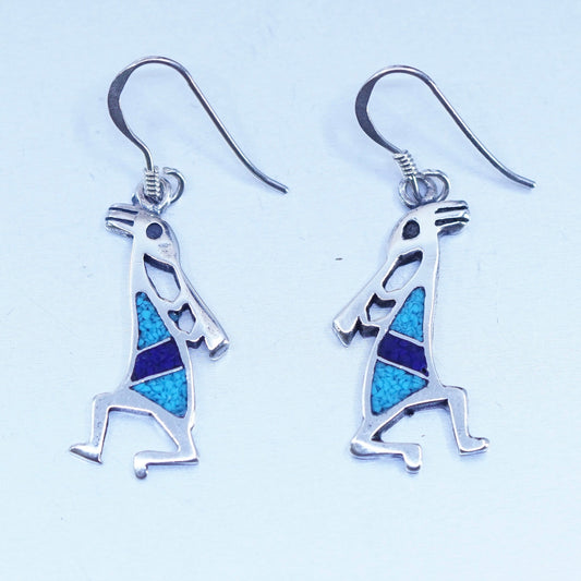 Native American Navajo sterling 925 silver kokopelli earrings turquoise lapis