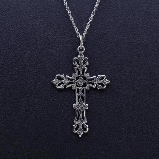 18” sterling silver circle link chain with filigree cross pendant, necklace