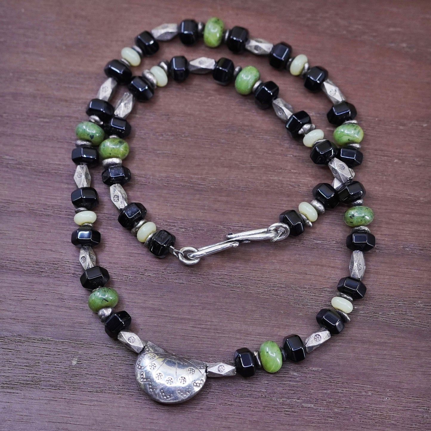 18”, vintage sterling 925 silver handmade necklace with jade obsidian beads