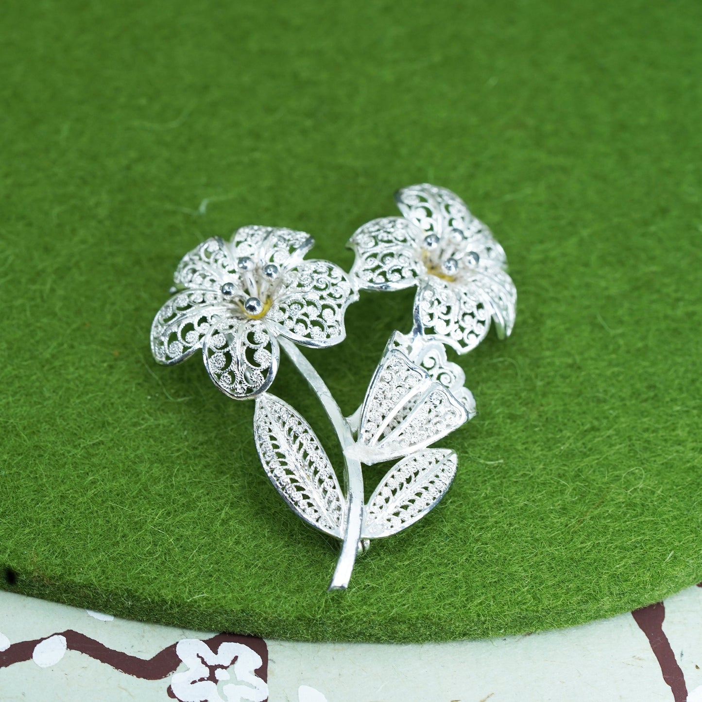 Germany Sterling silver handmade brooch, 925 filigree flower pin