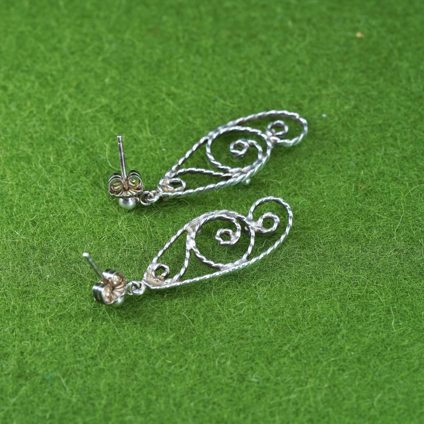 Vintage Sterling silver handmade earrings, 925 filigree sprial symbol