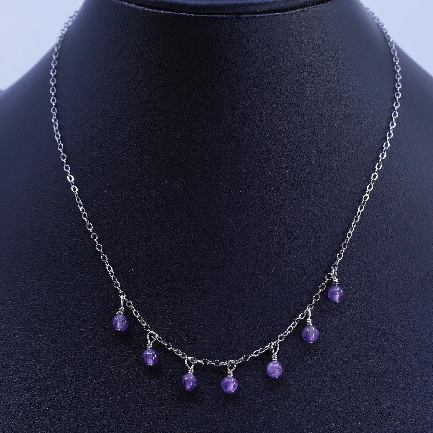 14”, vintage Sterling 925 silver handmade circle chain necklace amethyst beads