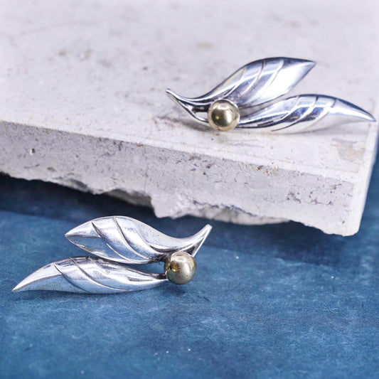 Vintage two tone Sterling silver screw back earrings, 925 leaves with gold head