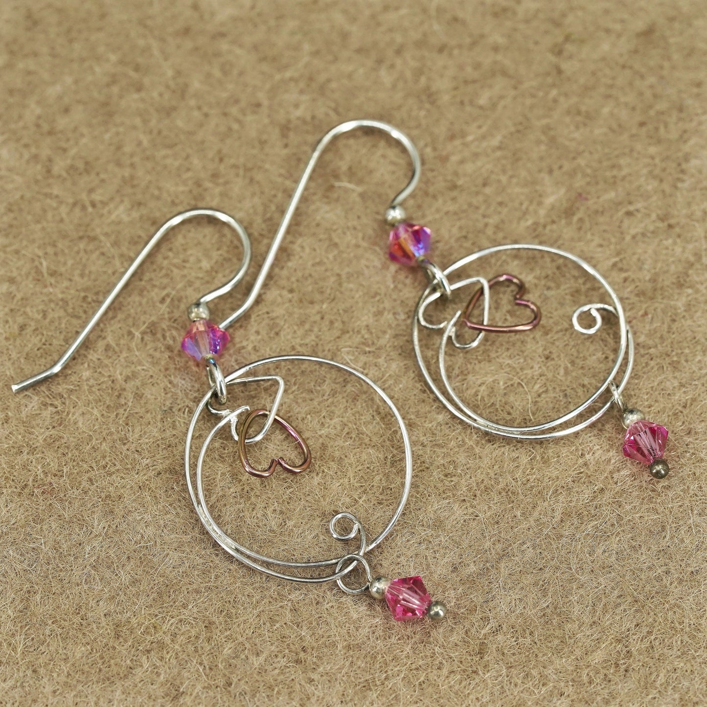 Vintage Sterling 925 silver handmade circle earrings with pink crystal