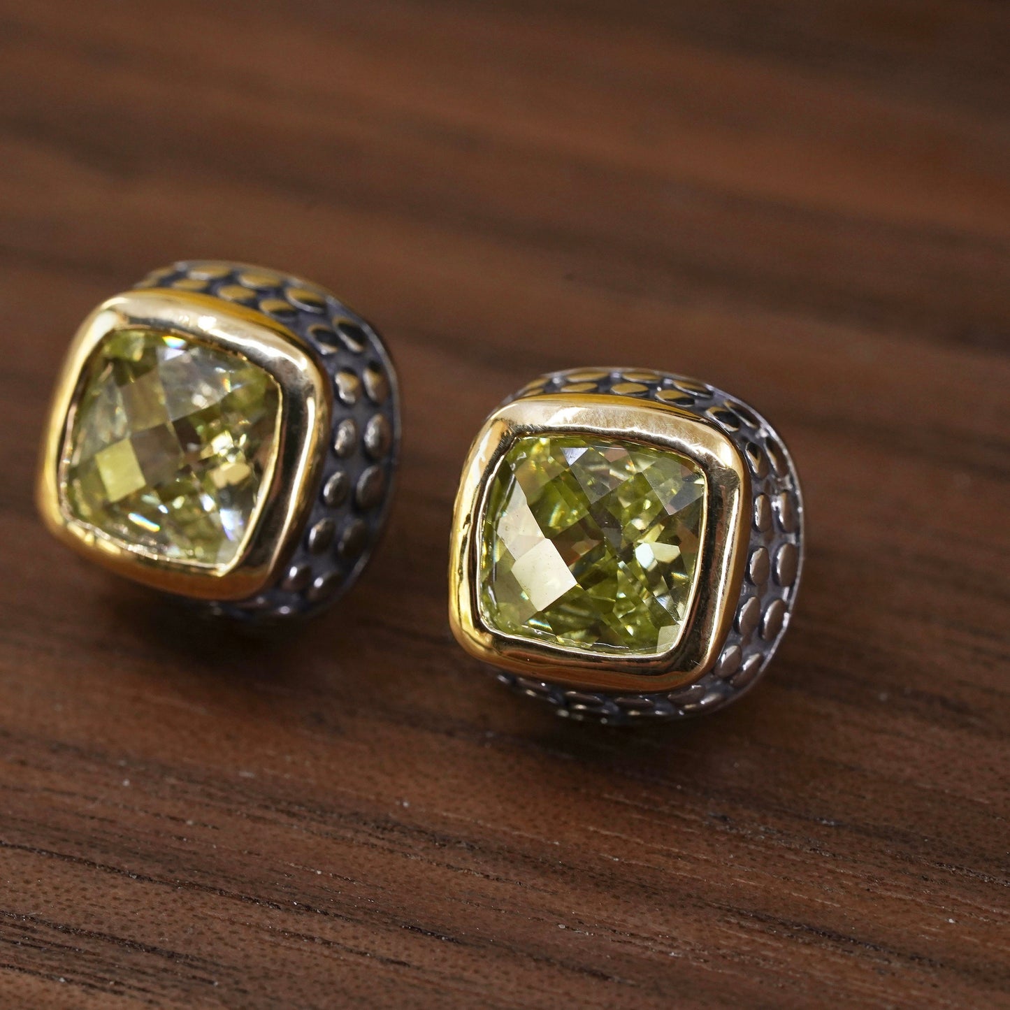 two tone Sterling 925 silver studs earrings with checkerboard cut peridot