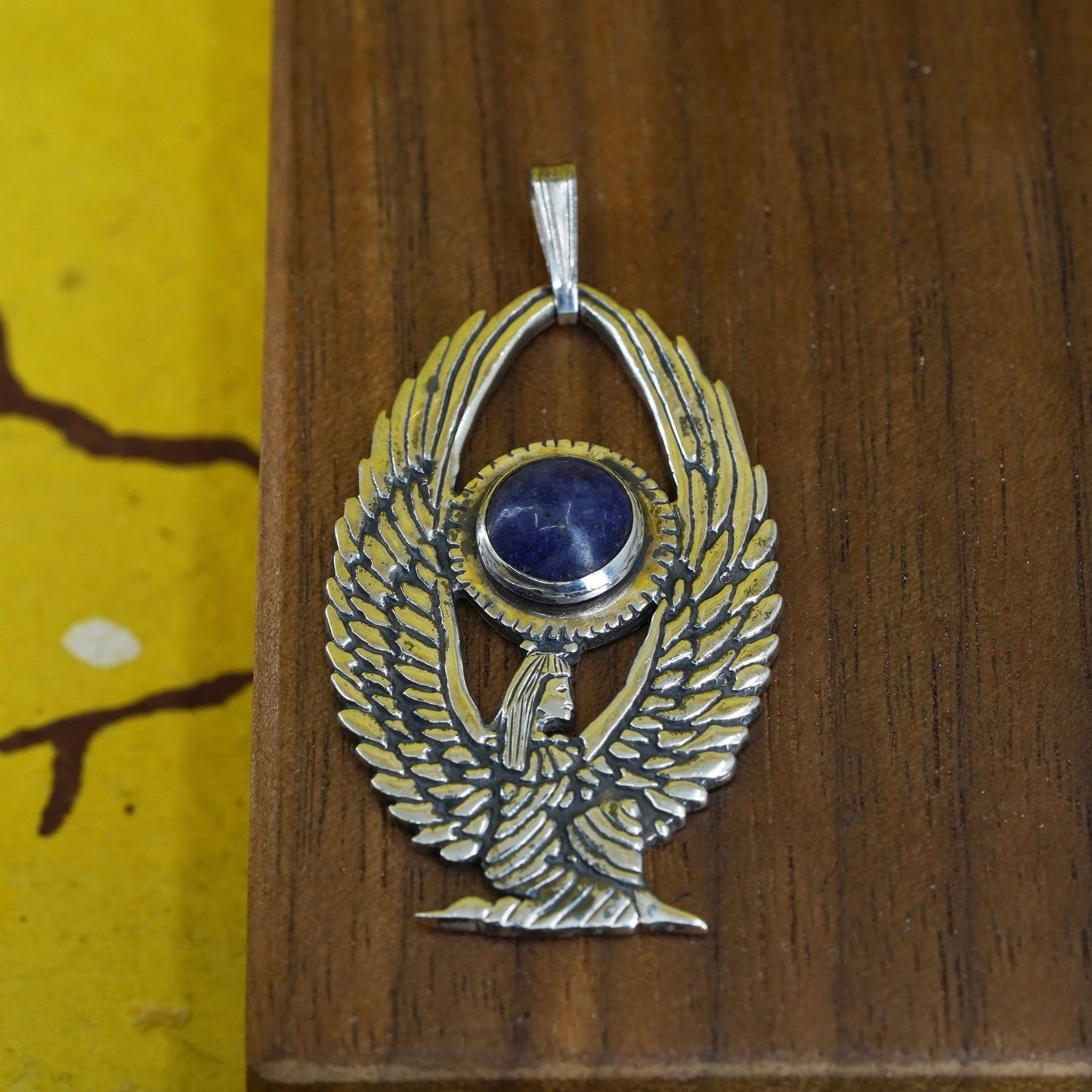 Egyptian fertility goddess Isis wings sterling 925 silver pendant lapis lazuli