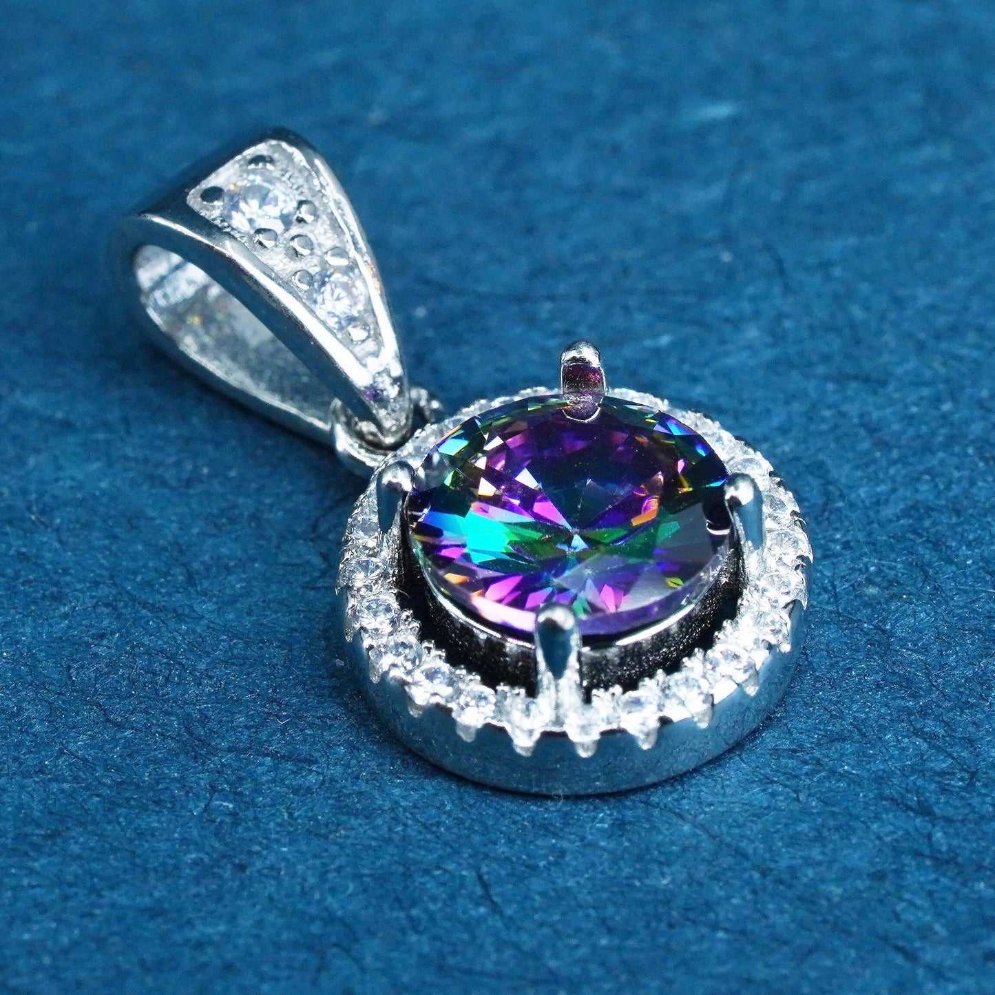 Vintage sterling 925 silver pendant with rainbow topaz and cz around