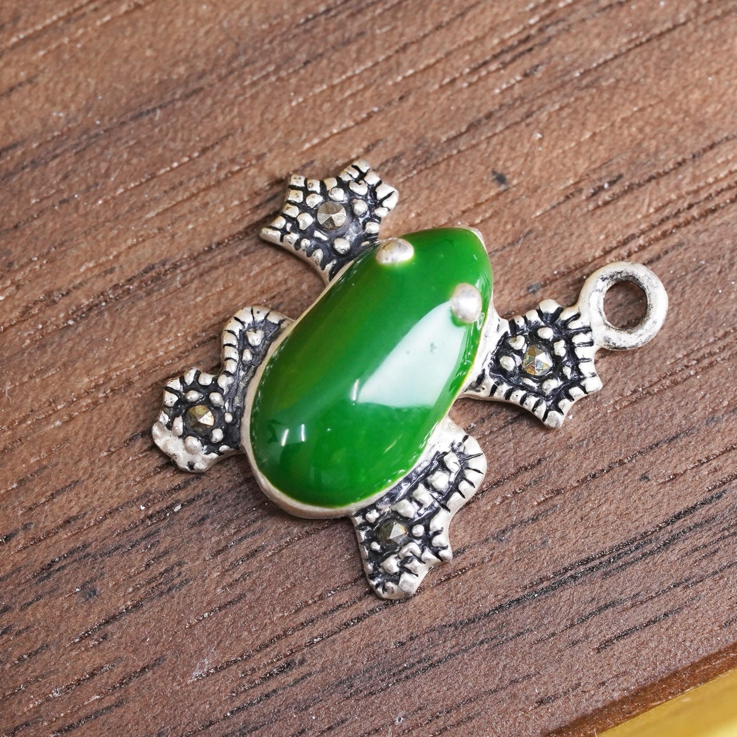 Vintage Sterling silver handmade charm, 925 green enamel glass frog