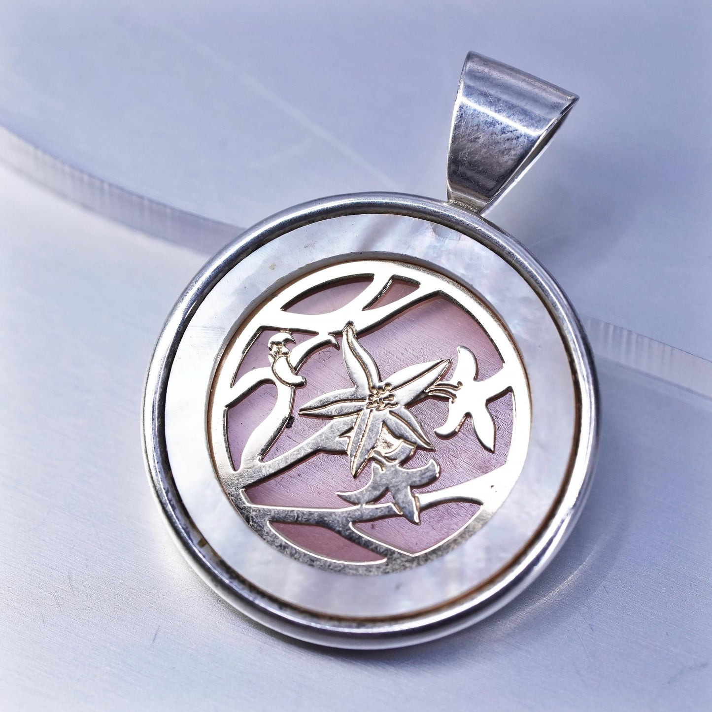 sterling 925 silver circle pendant 14K gold larkspur flower mother of pearl