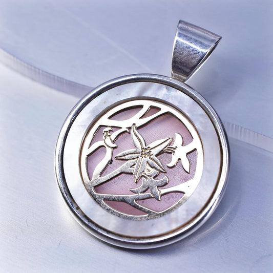 sterling 925 silver circle pendant 14K gold larkspur flower mother of pearl